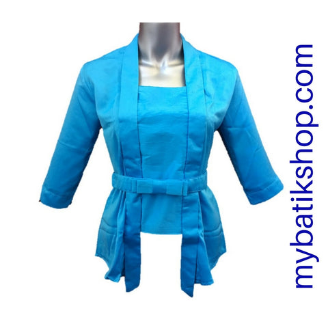 Kebaya Kutubaru Satin Blue with Bow Belt